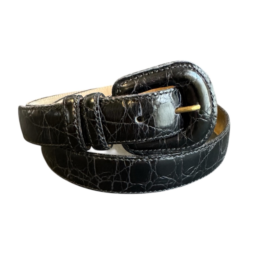 Vintage Lejon Black Leather Belt Croc Embossed USA Old Money Womens Large‎ / XL